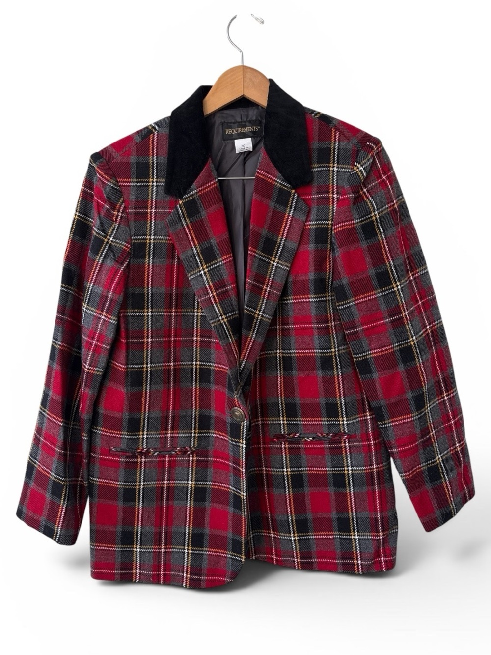Vintage Requirements Red Tartan Plaid Wool Blend Blazer Jacket Velvet Collar 10